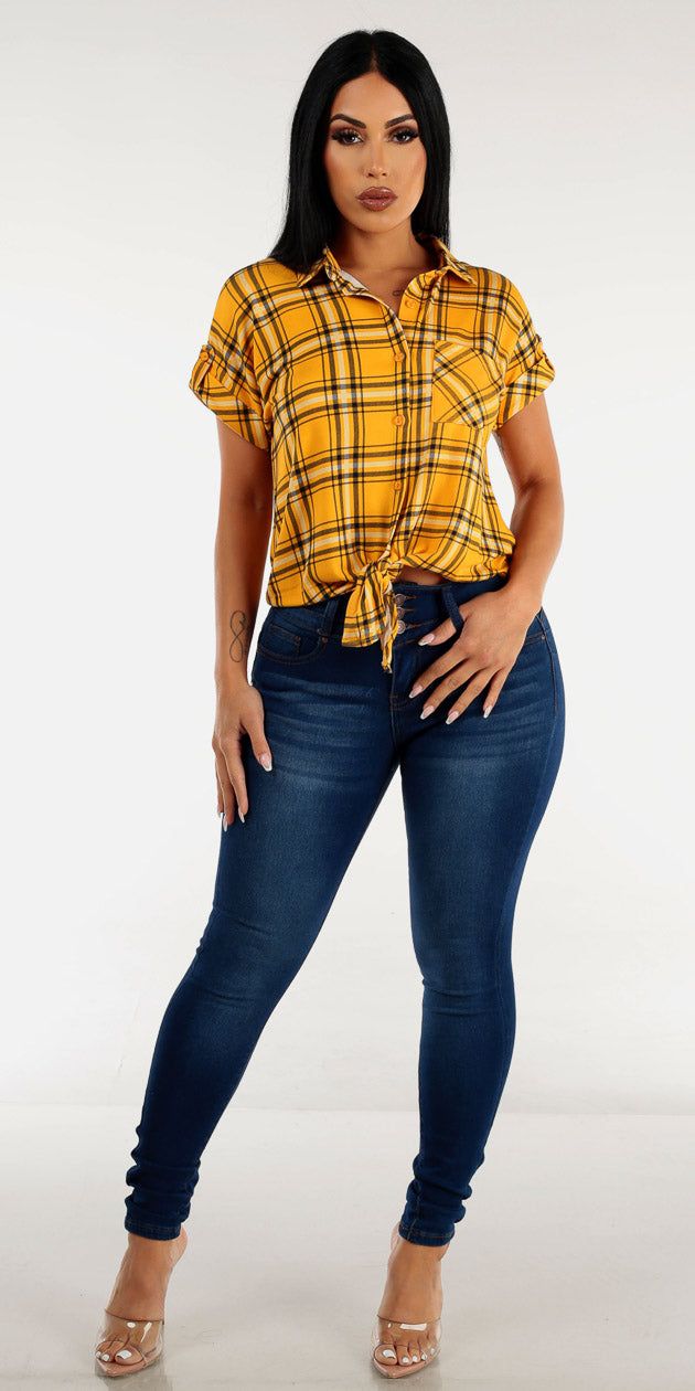 Dark Blue Mid Rise Butt Lift Skinny Jeans with Yellow Plaid Tie Front Button Up Shirt sold by Moda product image thumbnail 2