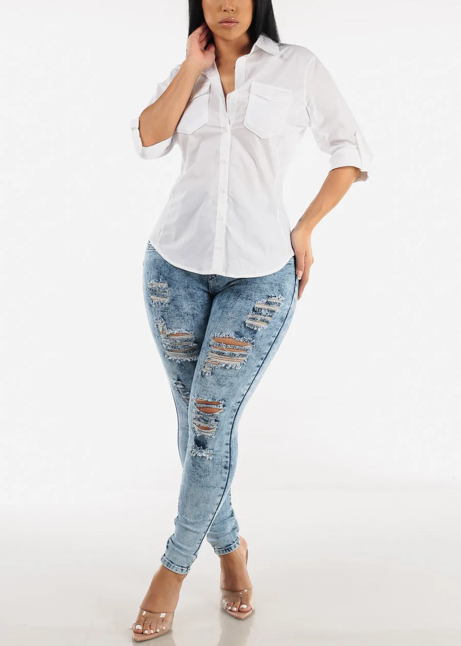 Quarter Sleeve Button Up Shirt White w Contrast Panel sold by Moda product image thumbnail 2