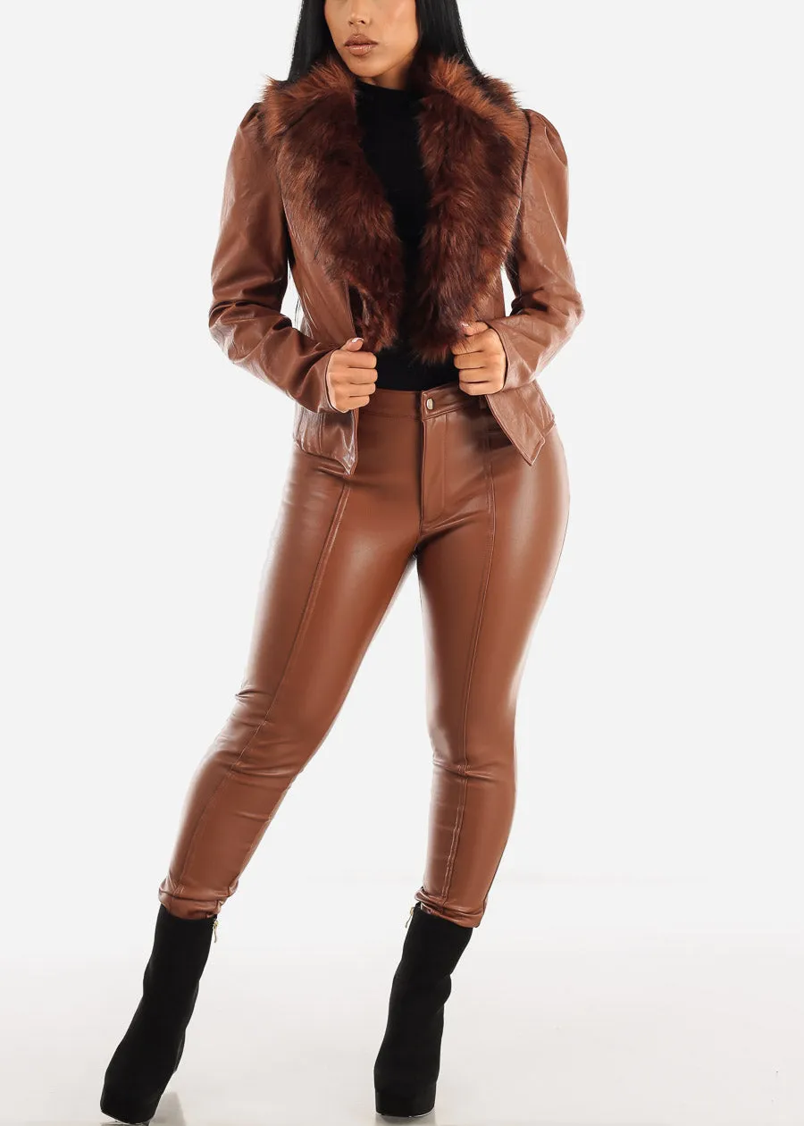 Brown Vegan Leather Jacket w Detachable Faux Fur Collar sold by Moda product image thumbnail 4