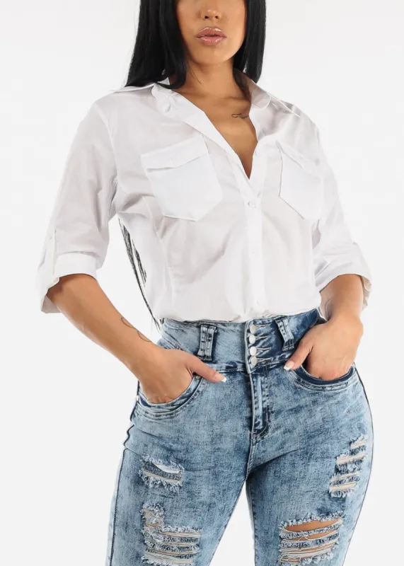 Quarter Sleeve Button Up Shirt White w Contrast Panel sold by Moda