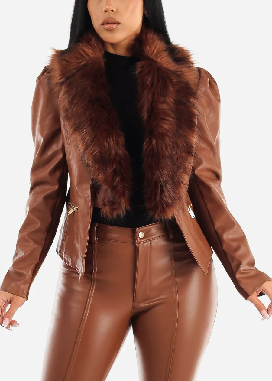 Brown Vegan Leather Jacket w Detachable Faux Fur Collar sold by Moda product image thumbnail 3