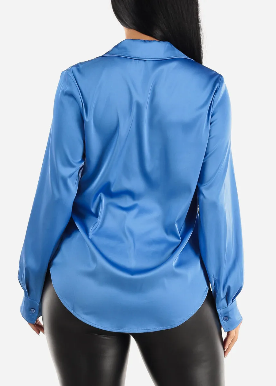 Long Sleeve Button Down Satin Tunic Shirt Light Blue sold by Moda product image thumbnail 4