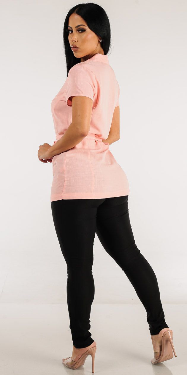 Low Rise Black Dressy Skinny Pants with Short Sleeve Button Up Pink Tunic Blouse sold by Moda product image thumbnail 2