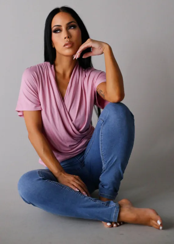 Short Dolman Sleeve Surplice Blouse Pink sold by Moda