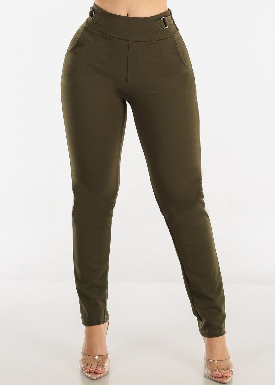 High Waist Pull On Straight Leg Olive Pants sold by Moda