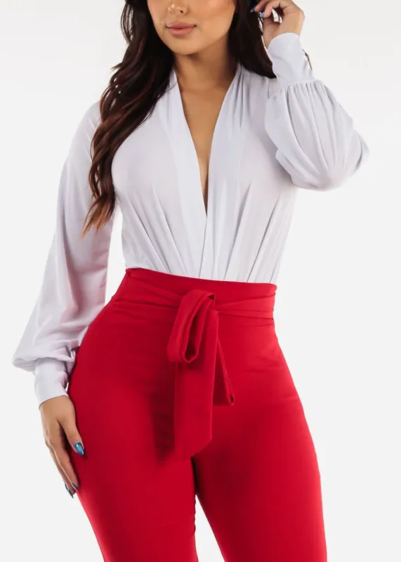 Long Sleeve White Pleated Bodysuit sold by Moda