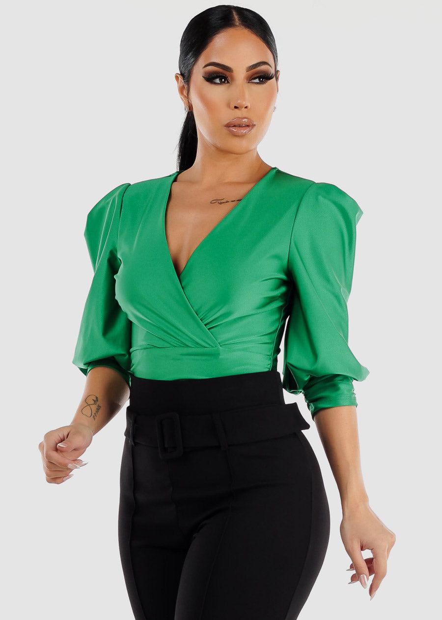 Quarter Sleeve Surplice Satin Thong Bodysuit Green sold by Moda product image thumbnail 5
