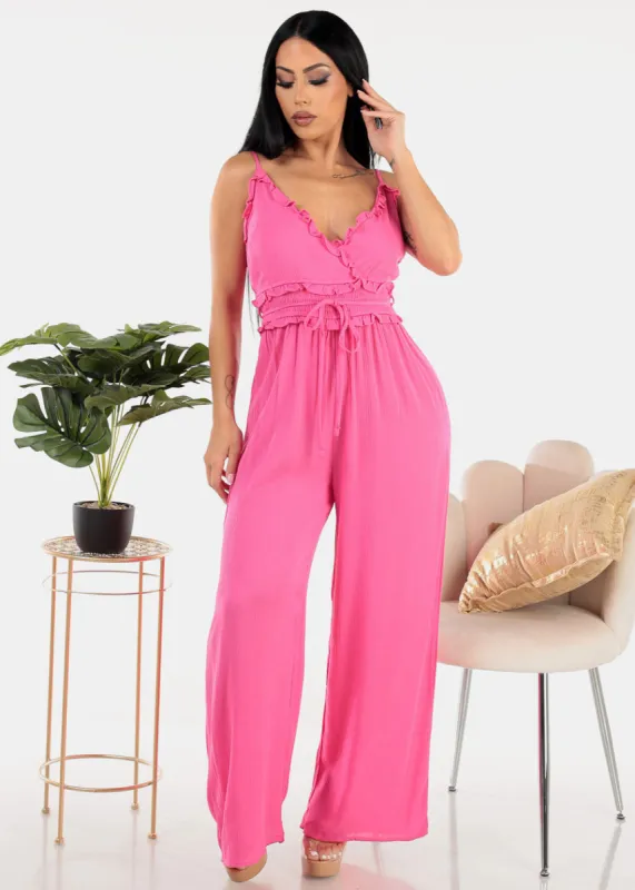 Sleeveless Ruffled Wide Legged Jumpsuit Fuchsia sold by Moda