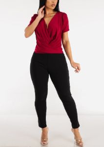 Short Sleeve Surplice Blouse Wine sold by Moda