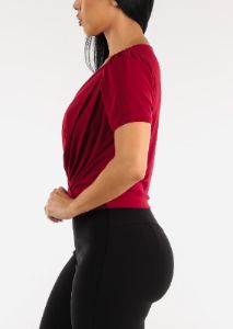 Short Sleeve Surplice Blouse Wine sold by Moda