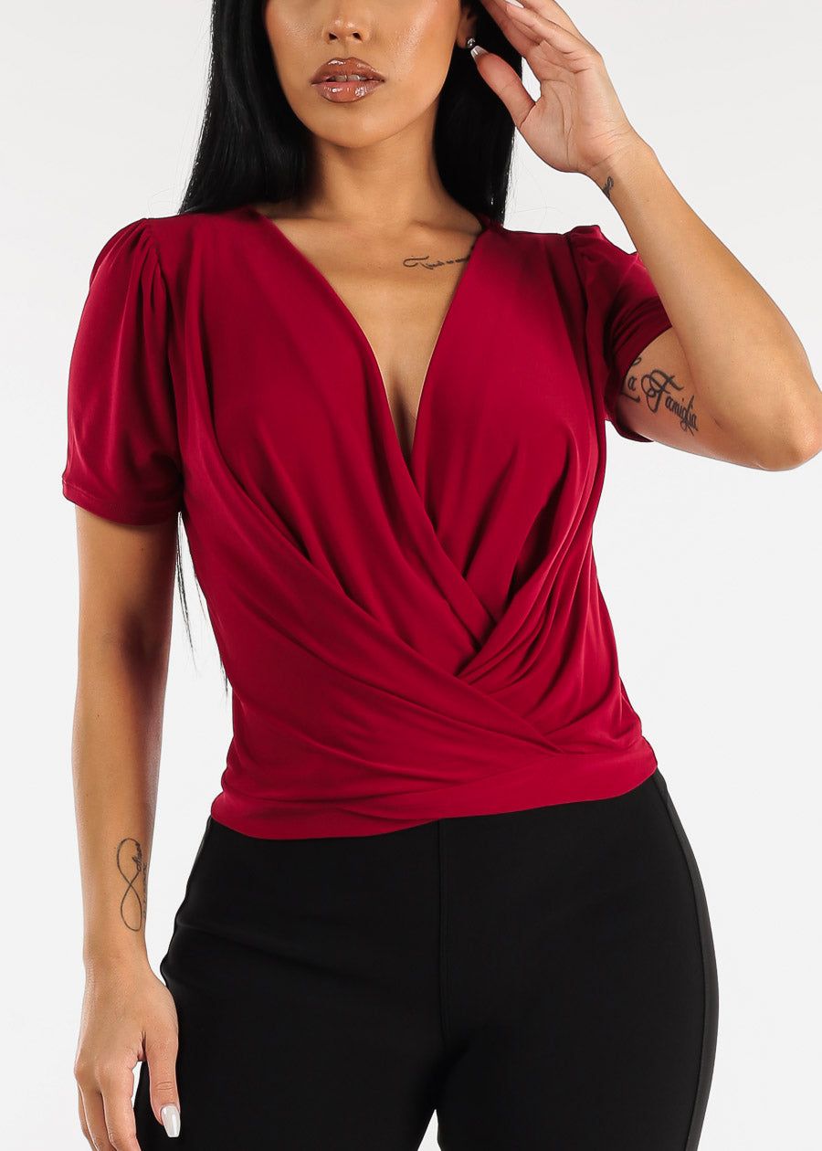 Short Sleeve Surplice Blouse Wine sold by Moda