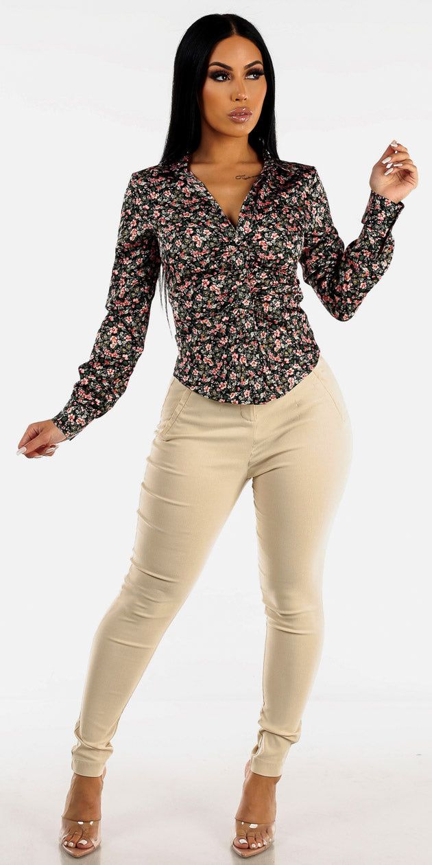 High Waisted Beige Dressy Skinny Pants with Floral Button Down Ruched Blouse sold by Moda