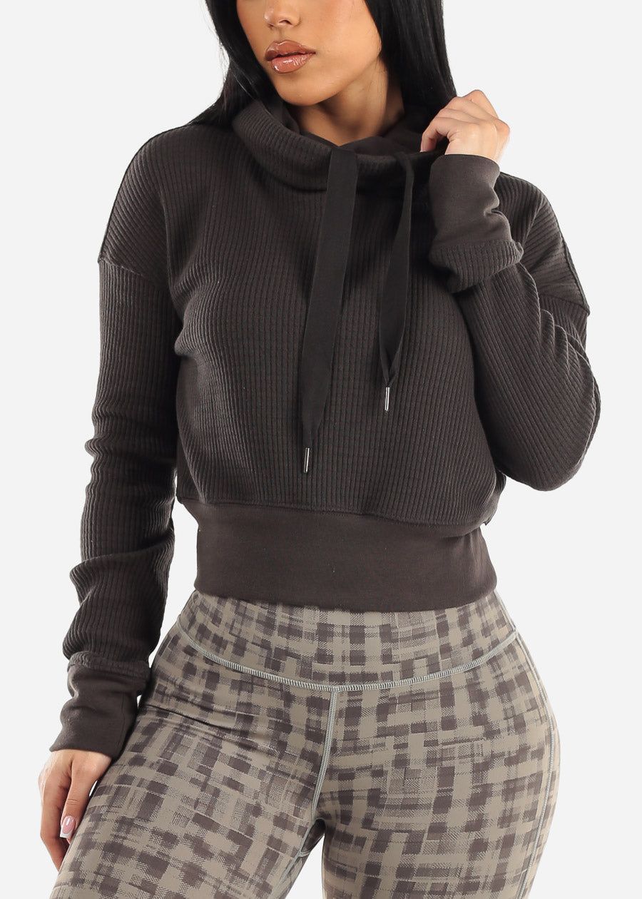Long Sleeve Cropped Cowl Neck Pullover Charcoal sold by Moda
