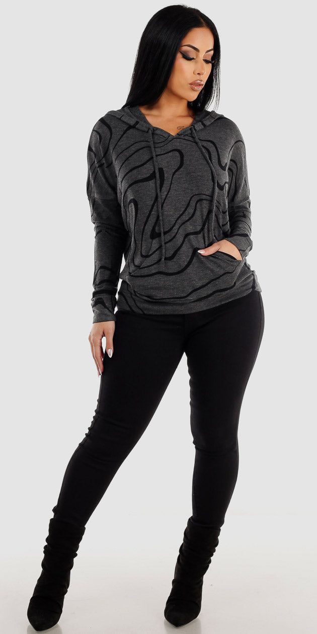 Ultra High Waisted Black Levantacola Skinny Jeans with Charcoal Long Sleeve Printed Pullover Tunic Hoodie sold by Moda