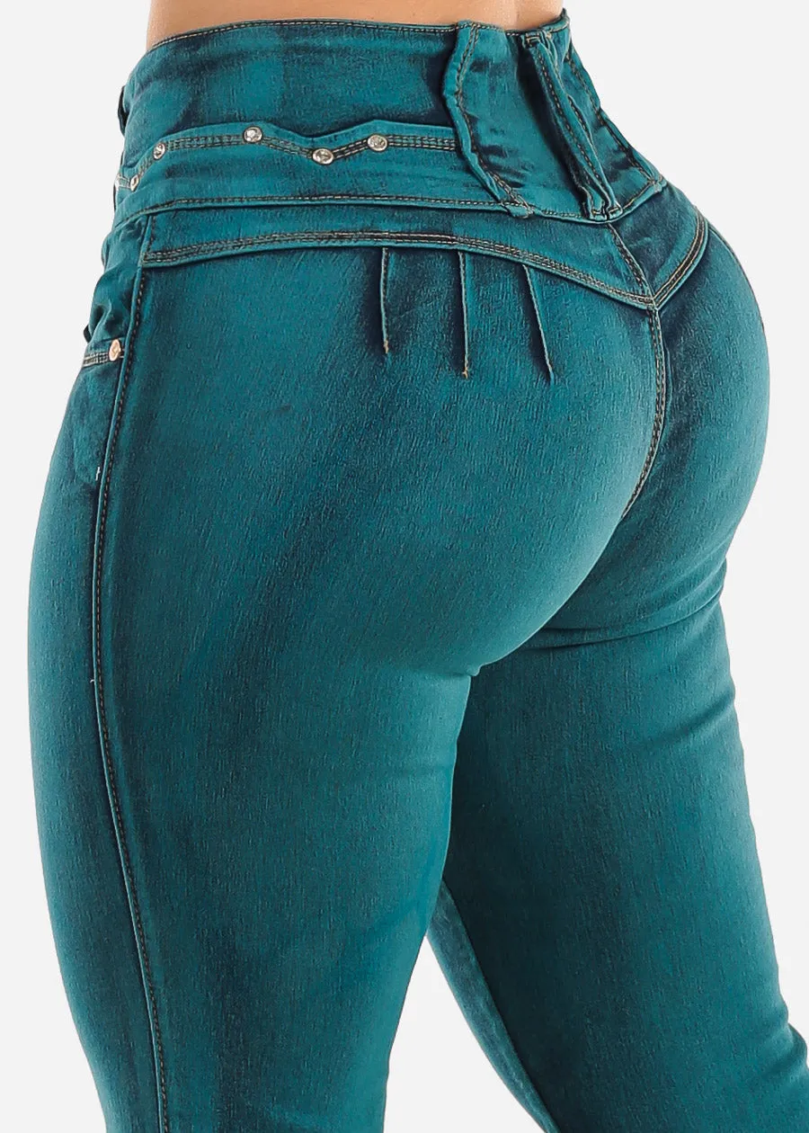 Butt Lifting High Waist Skinny Jeans Teal sold by Moda