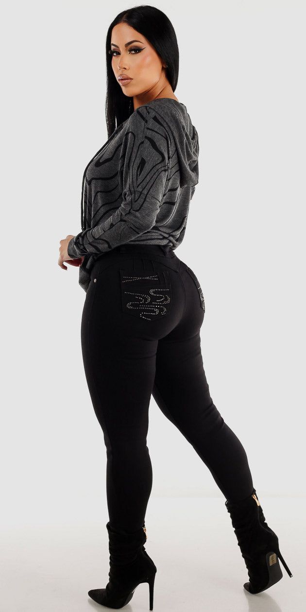 Ultra High Waisted Black Levantacola Skinny Jeans with Charcoal Long Sleeve Printed Pullover Tunic Hoodie sold by Moda product image thumbnail 2