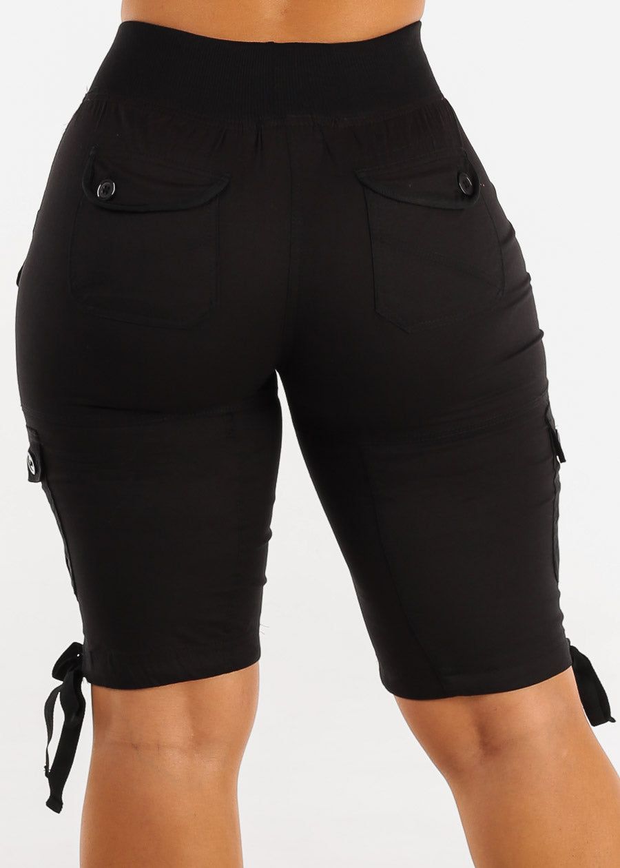Black High Waist Drawstring Cargo Bermuda Shorts sold by Moda product image thumbnail 4
