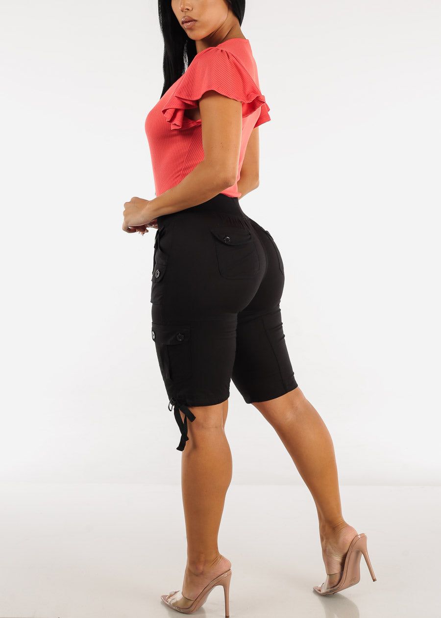 Black High Waist Drawstring Cargo Bermuda Shorts sold by Moda product image thumbnail 5