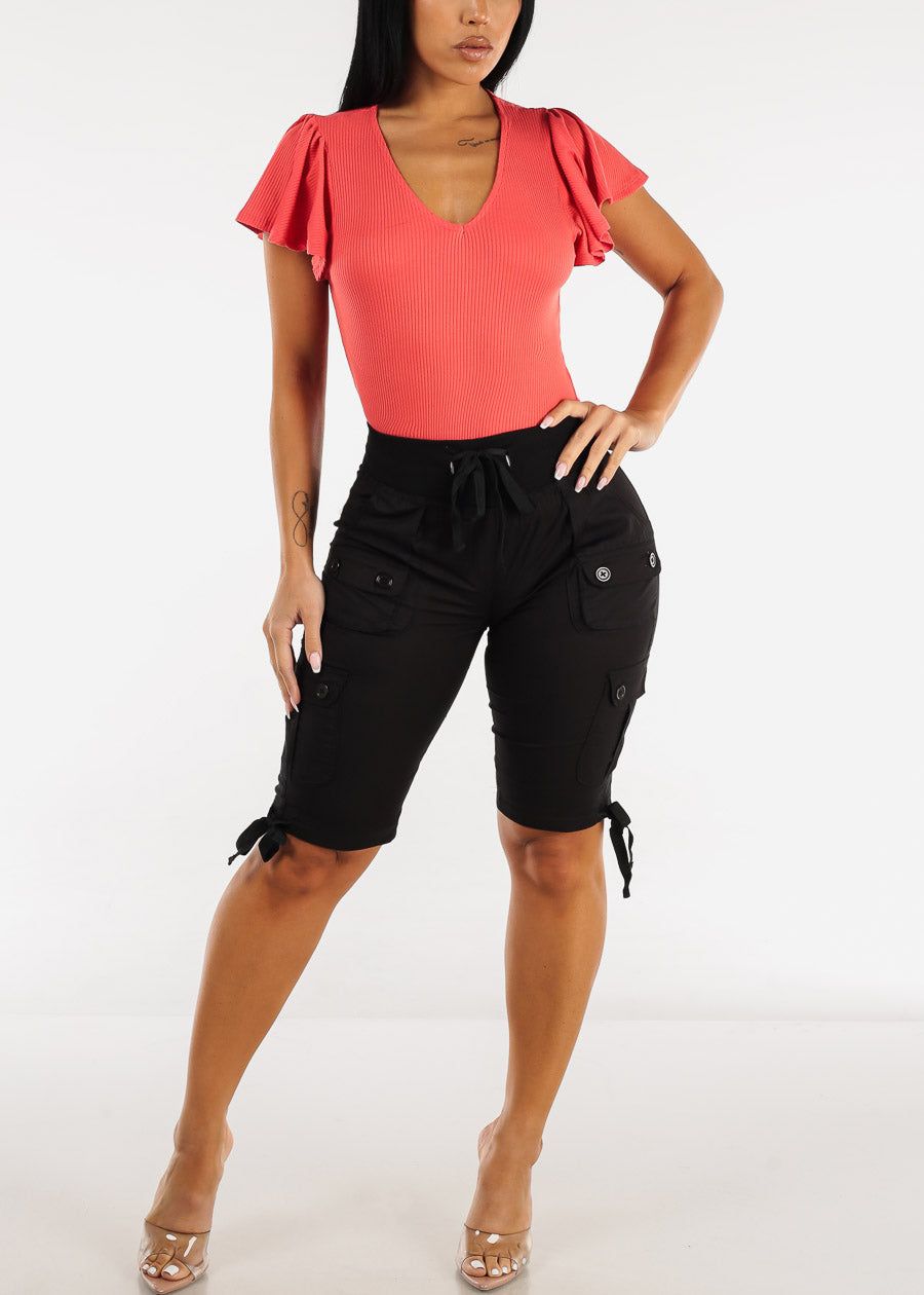 Black High Waist Drawstring Cargo Bermuda Shorts sold by Moda product image thumbnail 2