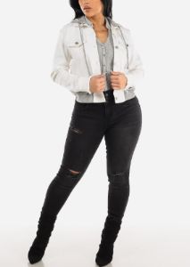 White Super Stretch Hooded Button Up Denim Jacket sold by Moda