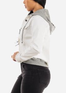 White Super Stretch Hooded Button Up Denim Jacket sold by Moda
