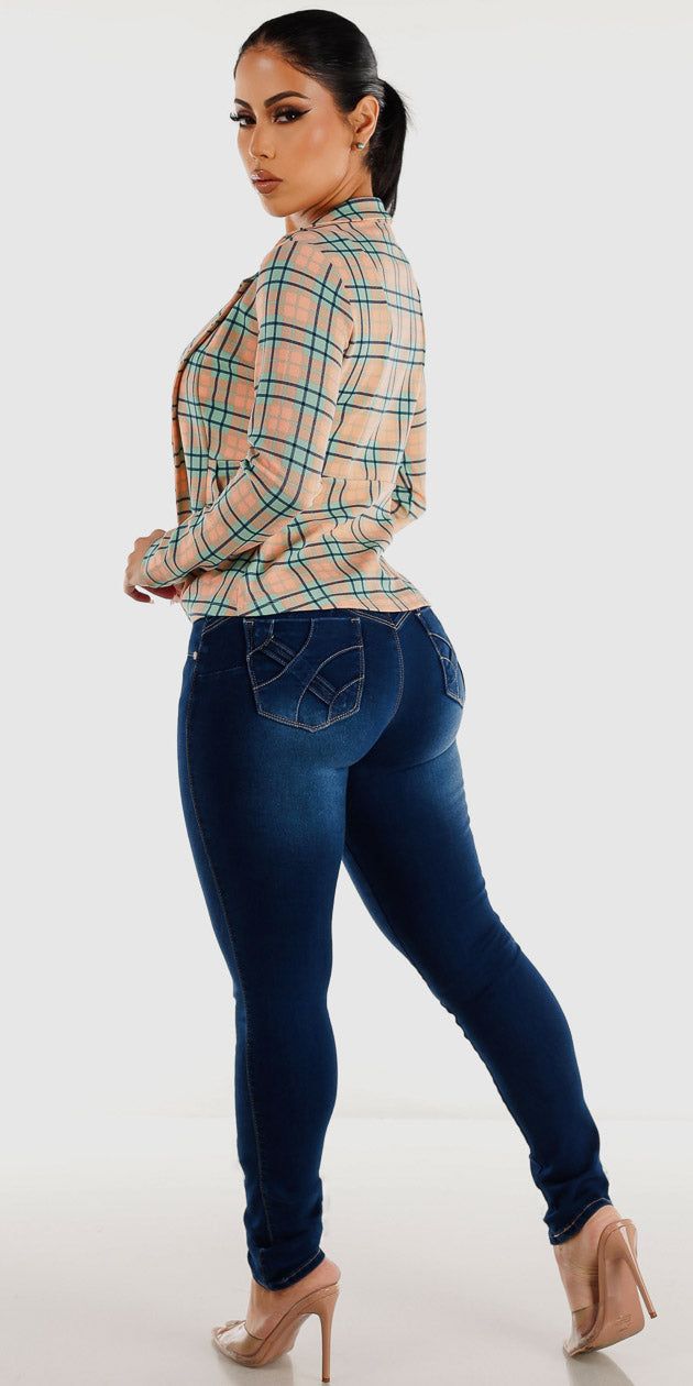 Mid Rise Levantacola Dark Skinny Jeans White Sleeveless Bodysuit and Long Sleeve Plaid Blazer sold by Moda product image thumbnail 2