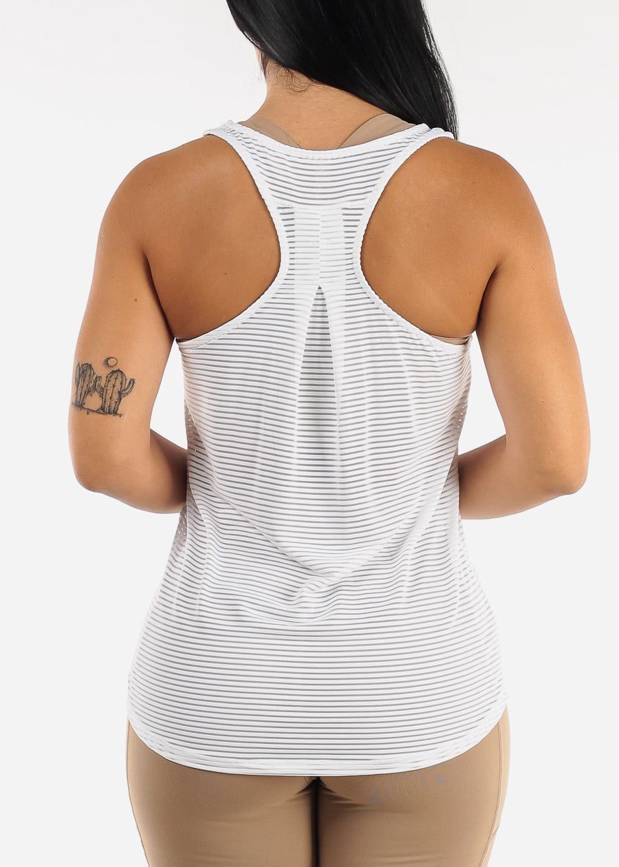 White Sheer Striped Mesh Racerback Active Tank Top sold by Moda product image thumbnail 4