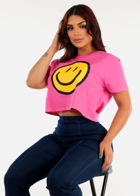 Hot Pink Short Sleeve Cotton Graphic Tee Smiling Face sold by Moda
