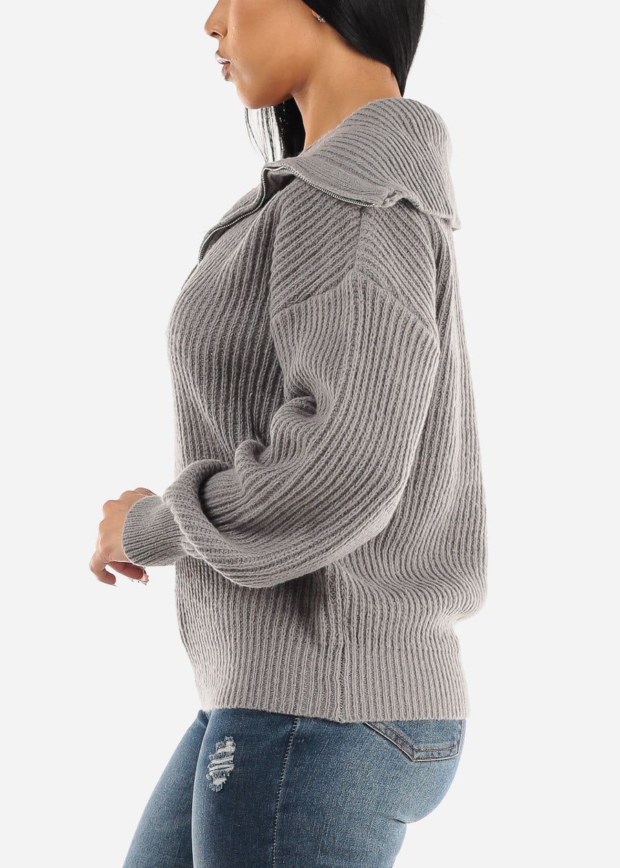 Zip Up Turtleneck Knit Stretch Sweater Grey sold by Moda product image thumbnail 3