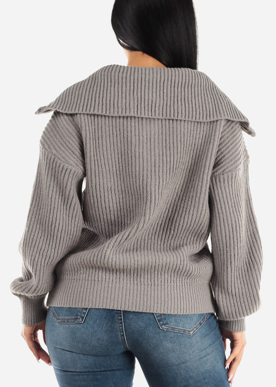 Zip Up Turtleneck Knit Stretch Sweater Grey sold by Moda product image thumbnail 4