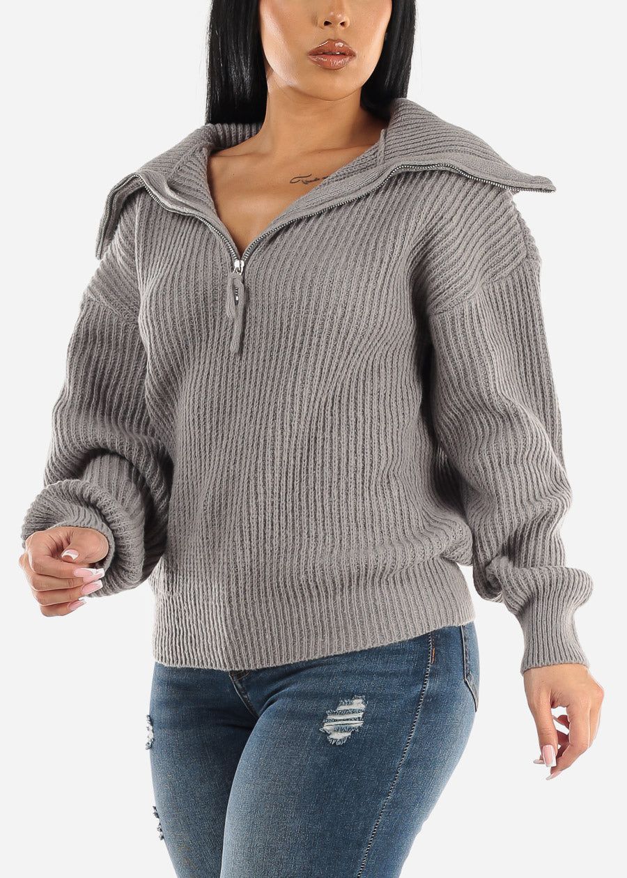 Zip Up Turtleneck Knit Stretch Sweater Grey sold by Moda