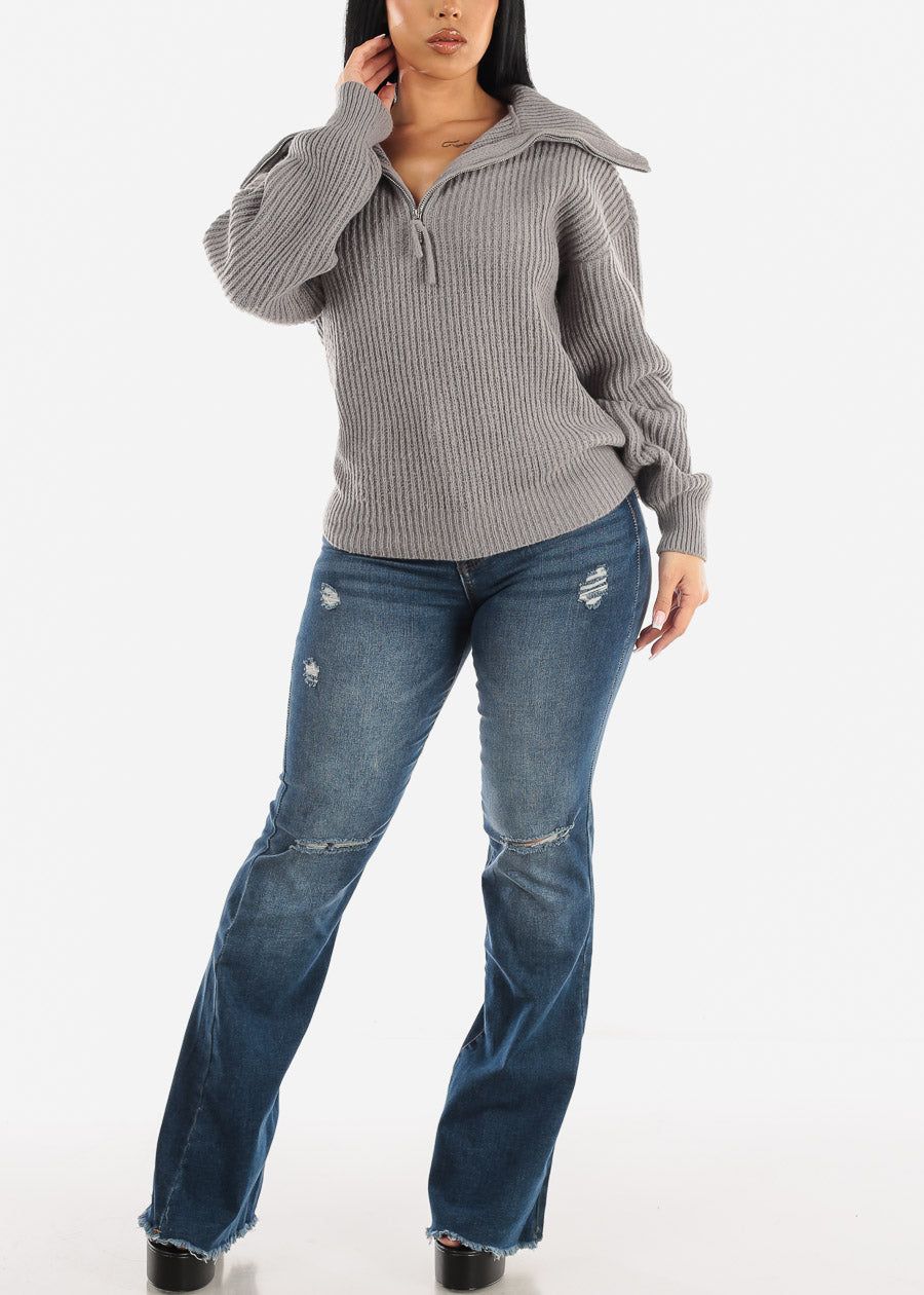 Zip Up Turtleneck Knit Stretch Sweater Grey sold by Moda product image thumbnail 2