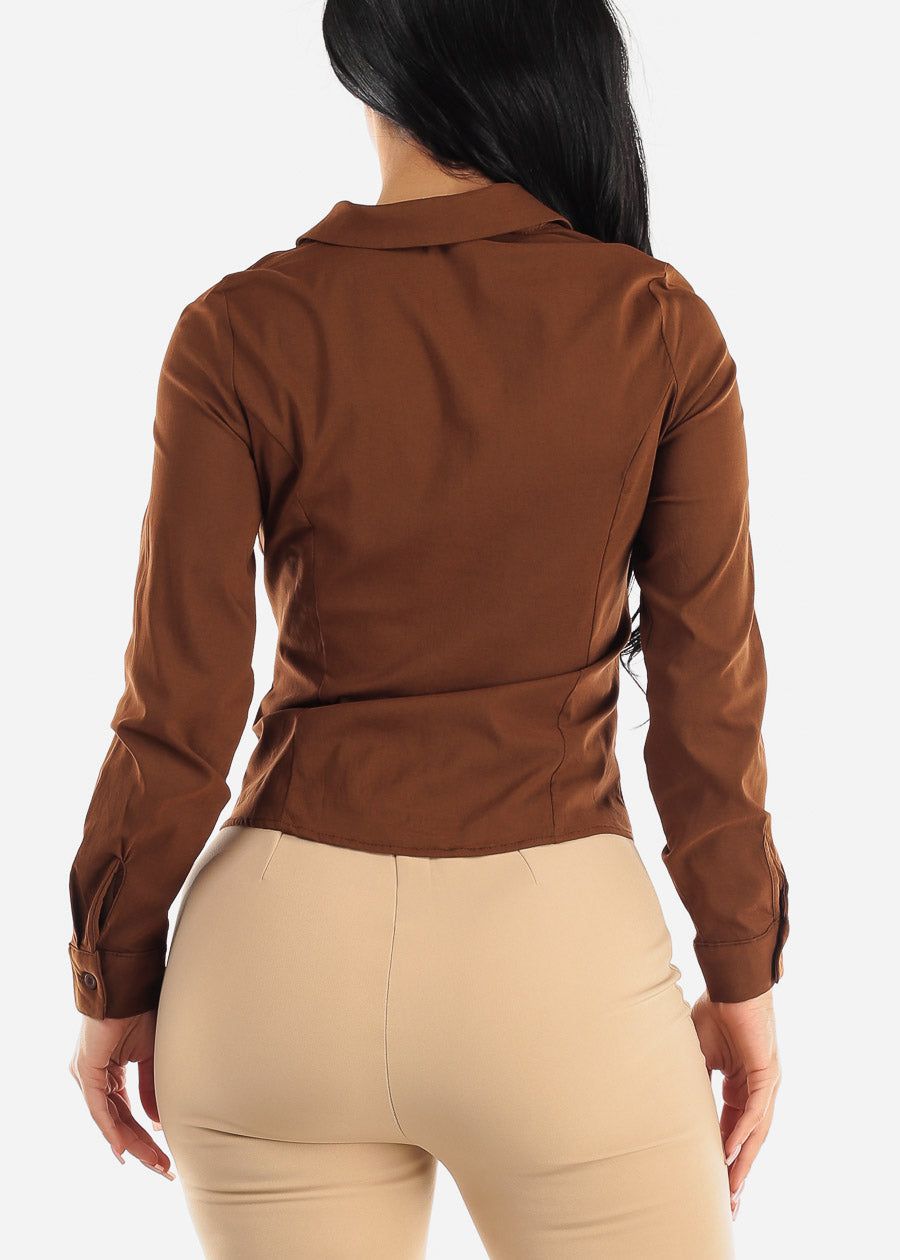 Button Up Ruched Collared Stretchy Shirt Brown sold by Moda product image thumbnail 4