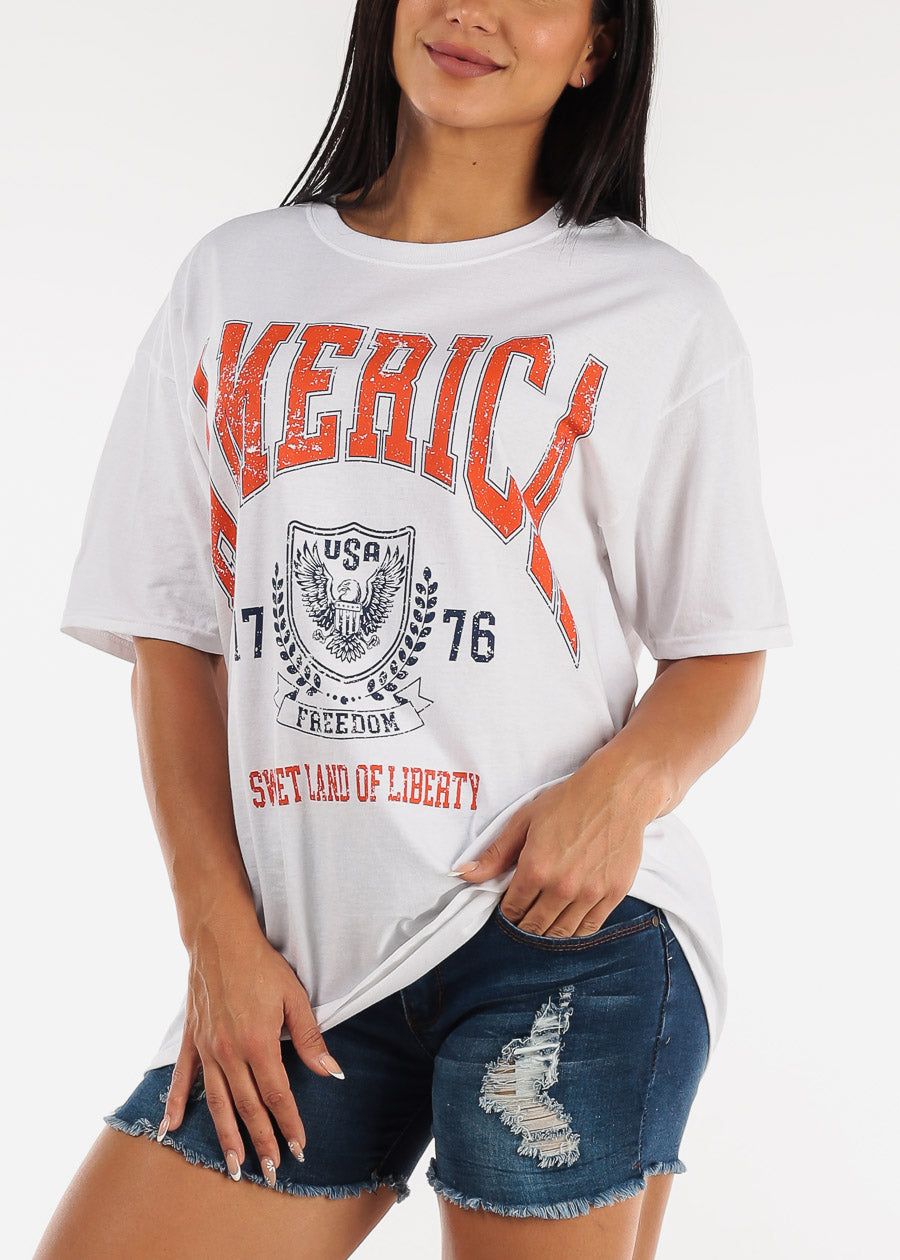 Oversized Short Sleeve America Graphic Tee White sold by Moda