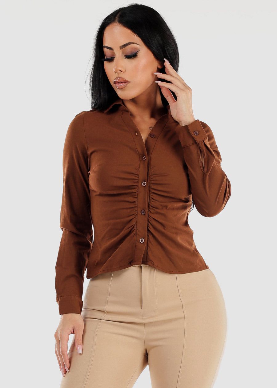 Button Up Ruched Collared Stretchy Shirt Brown sold by Moda