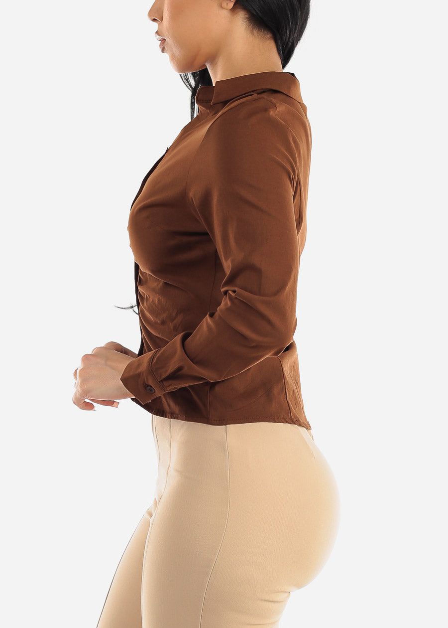Button Up Ruched Collared Stretchy Shirt Brown sold by Moda product image thumbnail 3
