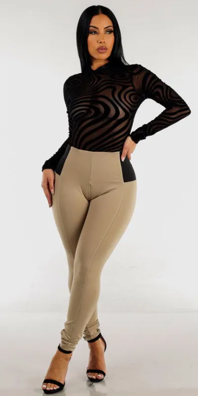 Spandex Waist Khaki Skinny Pants with See Through Black Velvet Bodysuit sold by Moda