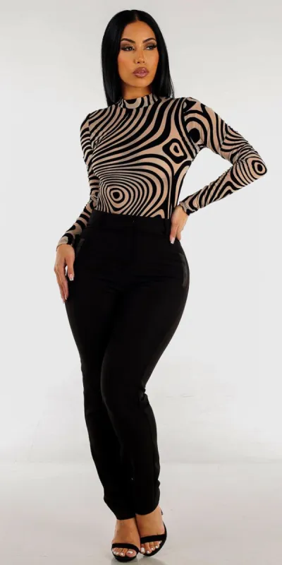 Straight Leg Black Dress Pants with See Through Velvet Nude Bodysuit sold by Moda