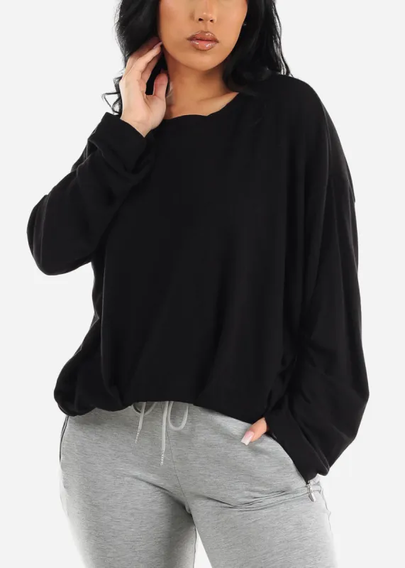 Long Pleated Sleeves Black French Terry Top sold by Moda