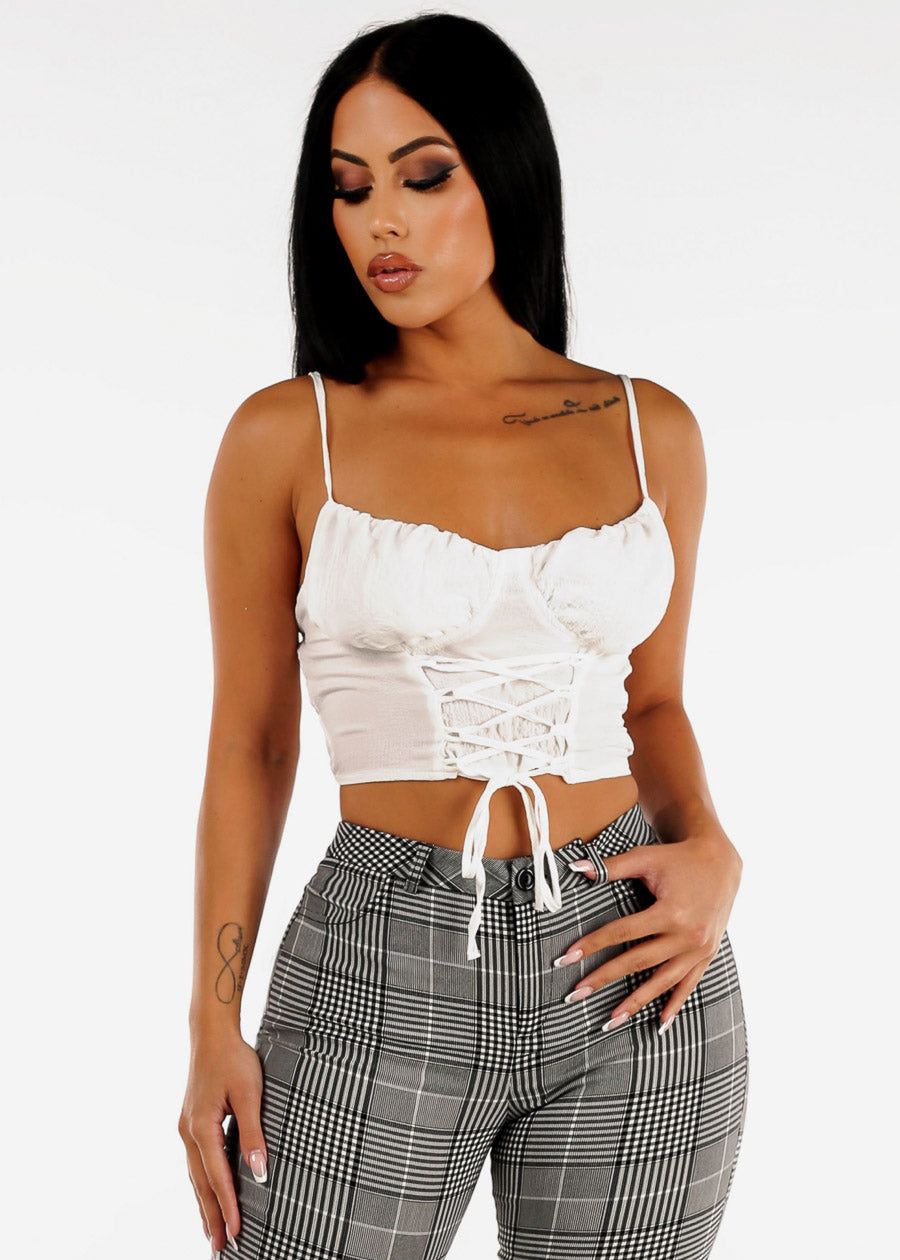 White Sleeveless Lace Up Cami Crop Top sold by Moda