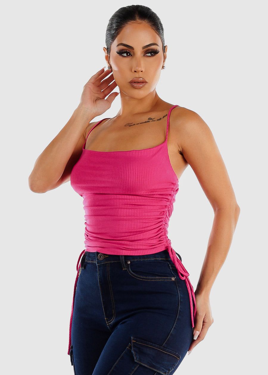 Sleeveless Cowl Neckline Top Fuchsia w Adjustable Drawstring Sides sold by Moda