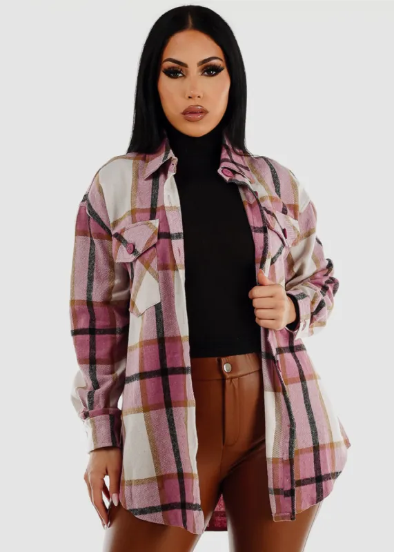 Oversized Plaid Button Down Cotton Shacket Pink & White sold by Moda
