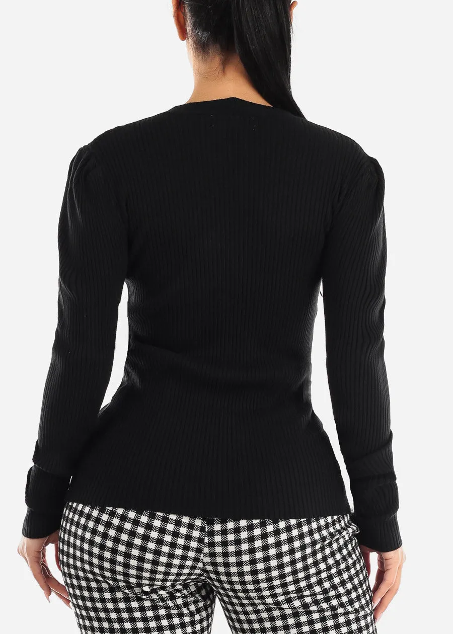 Black Rib Knit Long Sleeve V-Neck Sweater sold by Moda product image thumbnail 4