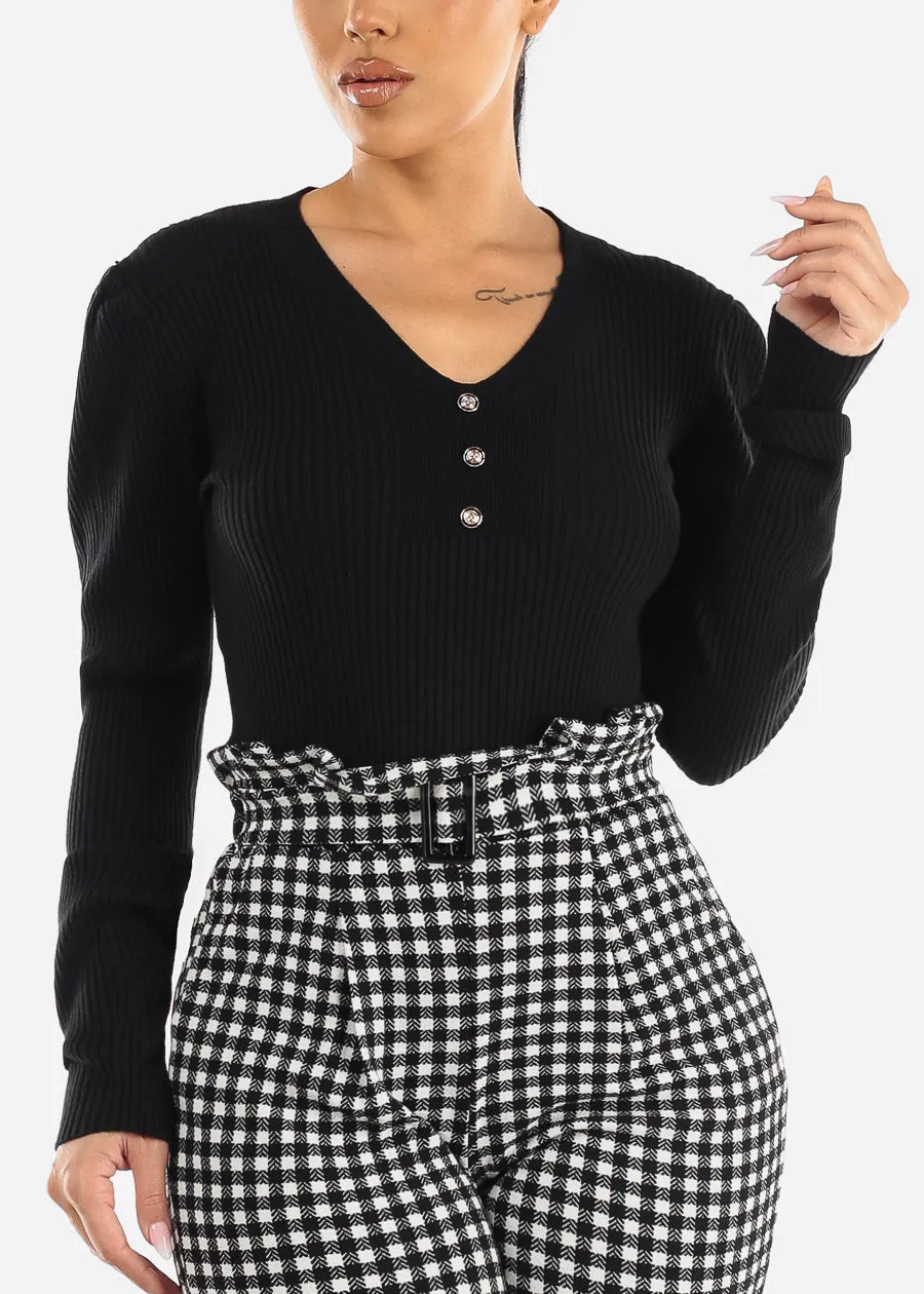 Black Rib Knit Long Sleeve V-Neck Sweater sold by Moda product image thumbnail 2