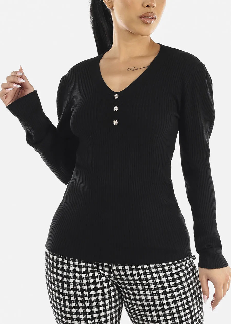 Black Rib Knit Long Sleeve V-Neck Sweater sold by Moda