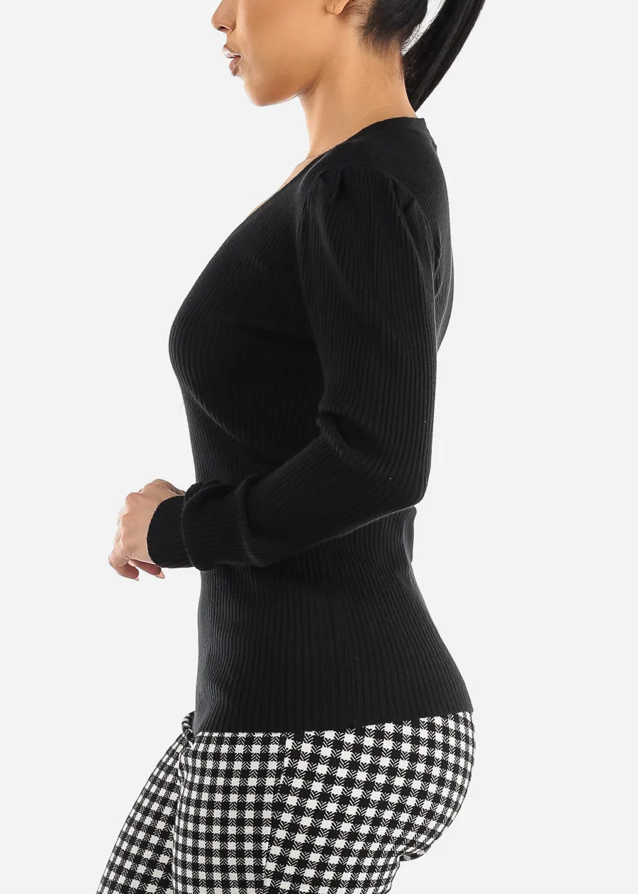 Black Rib Knit Long Sleeve V-Neck Sweater sold by Moda product image thumbnail 3