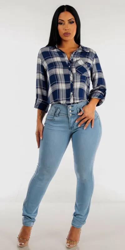 Light Blue Butt Lifting Skinny Jeans with Long Sleeve Button Down Navy Plaid Shirt sold by Moda