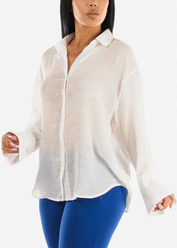 White Long Sleeve Lightweight Button Up Shirt sold by Moda
