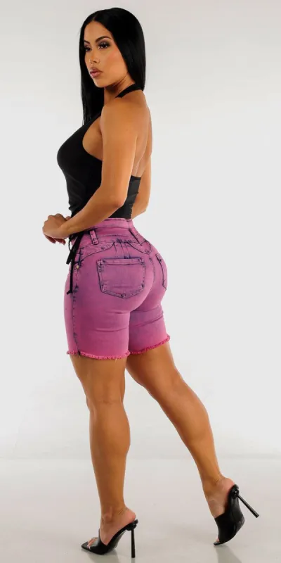 Purple Acid Wash Frayed Butt Lifting Denim Shorts with Black Halter Crop Top sold by Moda