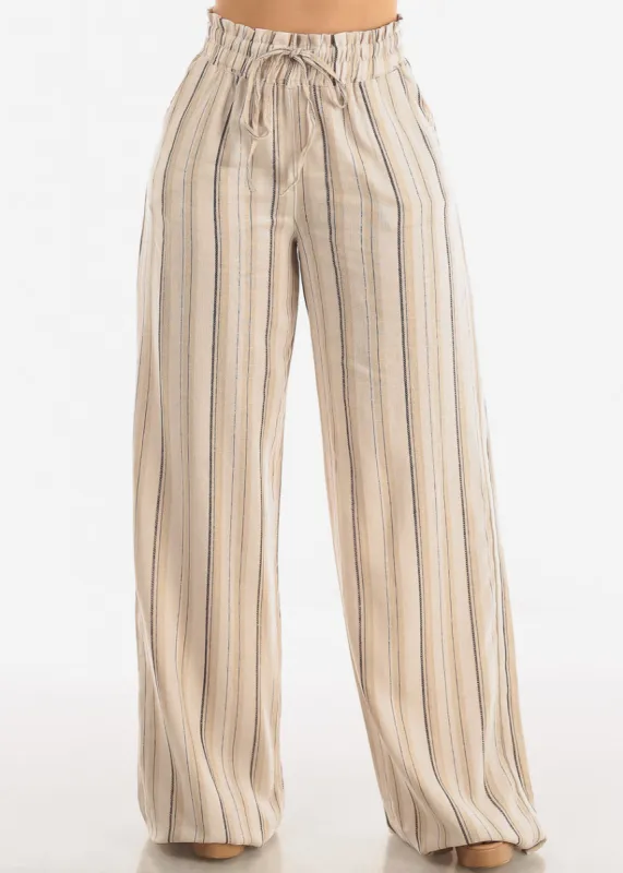 Linen Spandex Waist Stripe Wide Leg Mocha Pants sold by Moda
